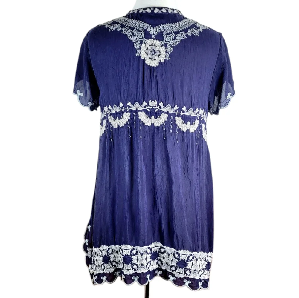 JOHNNY WAS Fletcher Embroidered Tunic Top Blue Grey Oversized Small - Picture 7 of 12